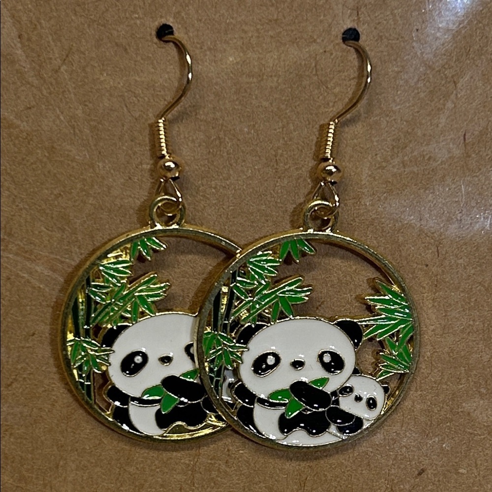 Panda Bamboo and baby Gold dangle Earrings